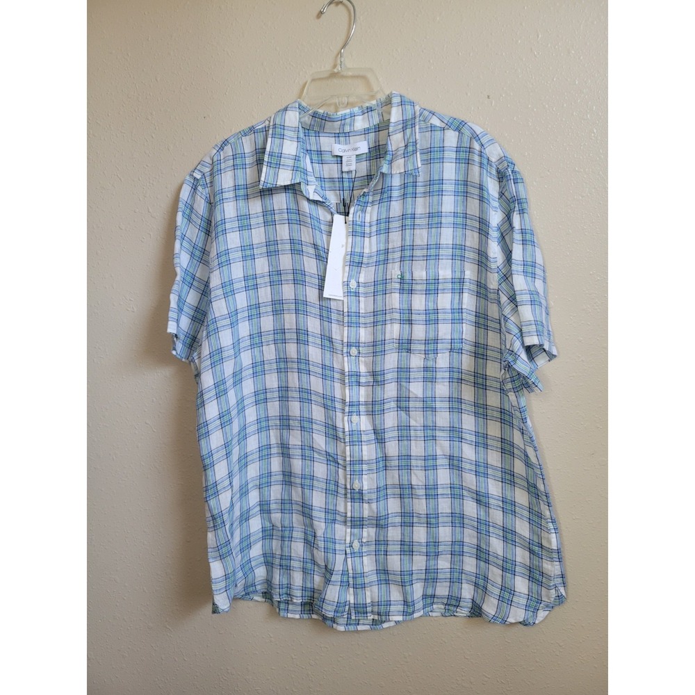 Calvin Klein‎ Blue White Plaid Button Down Short Sleeve Shirt Logo Linen Sz XL